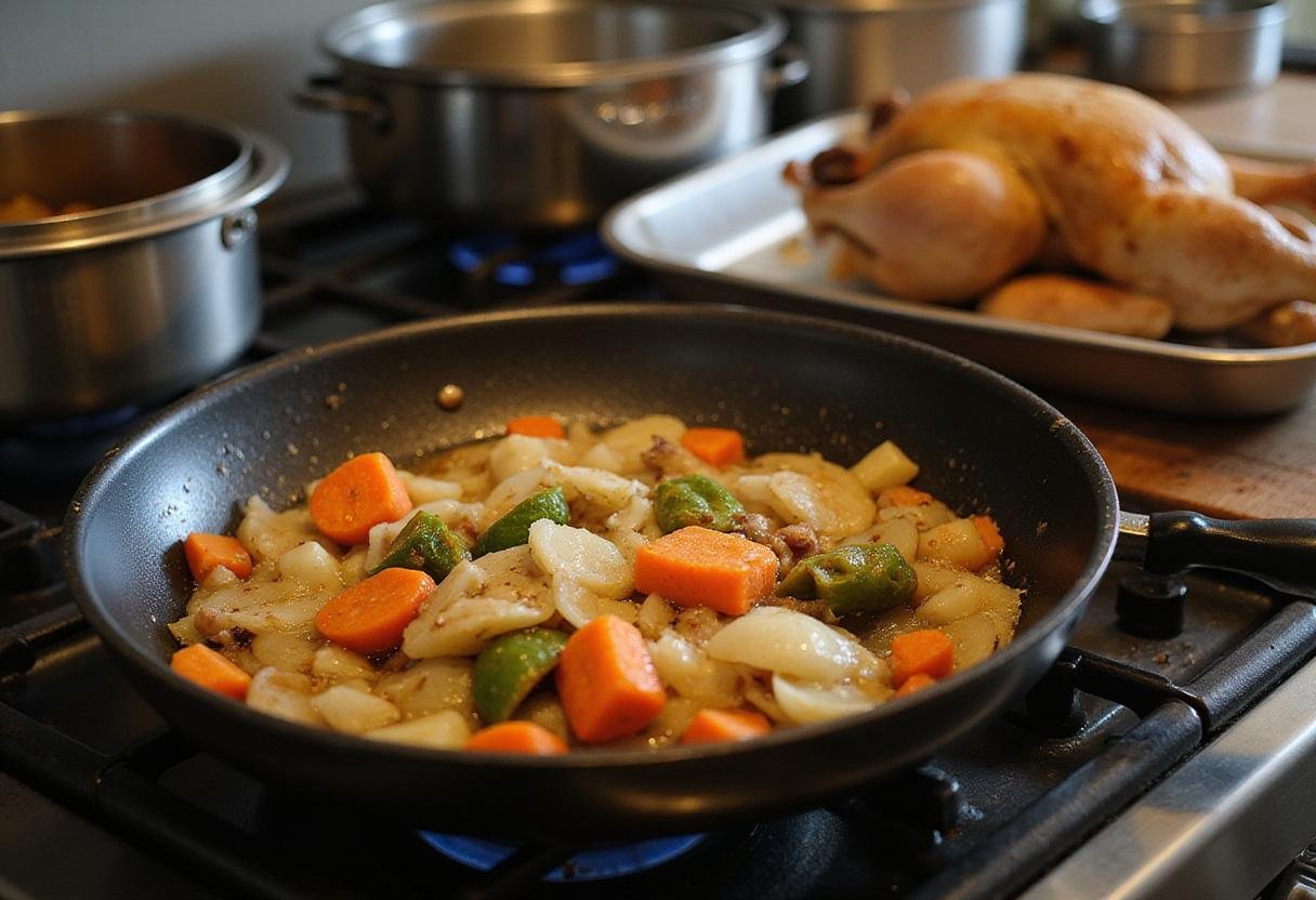Sizzling vegetables in a frying pan beside the roast chicken, highlighting the colorful meal preparation for crown roast chicken.