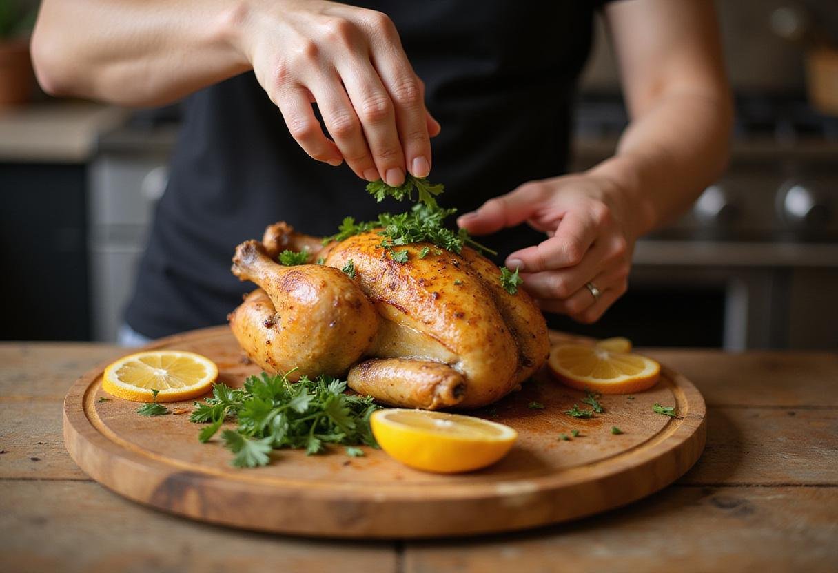 Garnishing crown roast chicken with herbs and citrus, showcasing the finishing touches for a beautiful presentation.