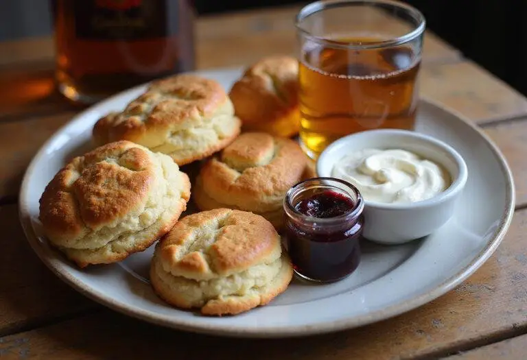 Delicious golden Crown Royal scones served with clotted cream and berry jam, perfect for an elegant breakfast or tea time.