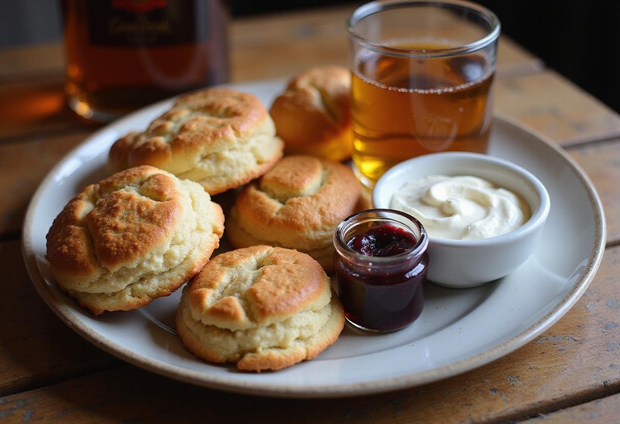 Delicious golden Crown Royal scones served with clotted cream and berry jam, perfect for an elegant breakfast or tea time.