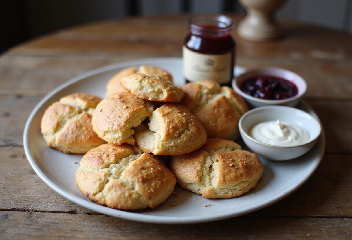 Delicious golden Crown Royal scones served with clotted cream and berry jam, perfect for an elegant breakfast or tea time.
