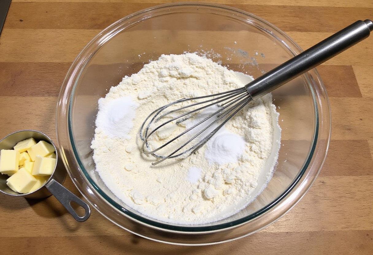 Ingredients for Crown Royal scones, including flour, sugar, baking powder, and butter on a countertop.