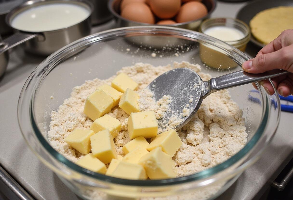 Making the dough for Crown Royal scones by combining flour and butter with a pastry cutter.