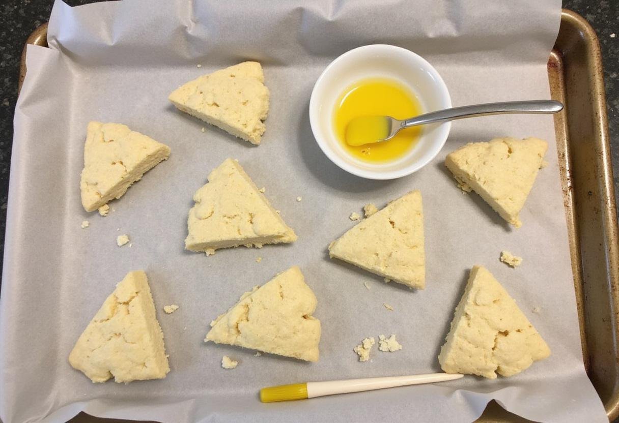 Preparing Crown Royal scones for baking, with shaped dough on a baking sheet and egg wash ready to use.