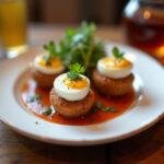 Final presentation of The Crown Scotch Eggs served with dipping sauce and garnished, ideal for a delicious meal.