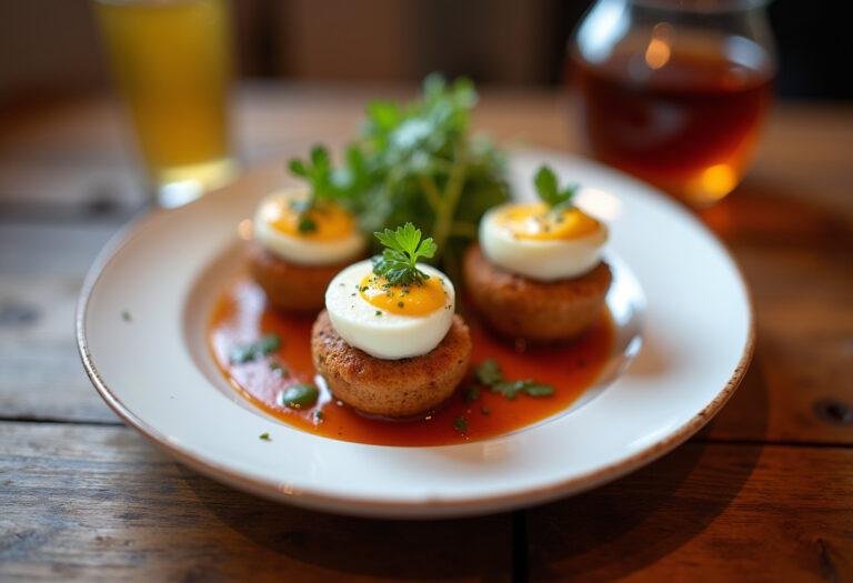 Final presentation of The Crown Scotch Eggs served with dipping sauce and garnished, ideal for a delicious meal.