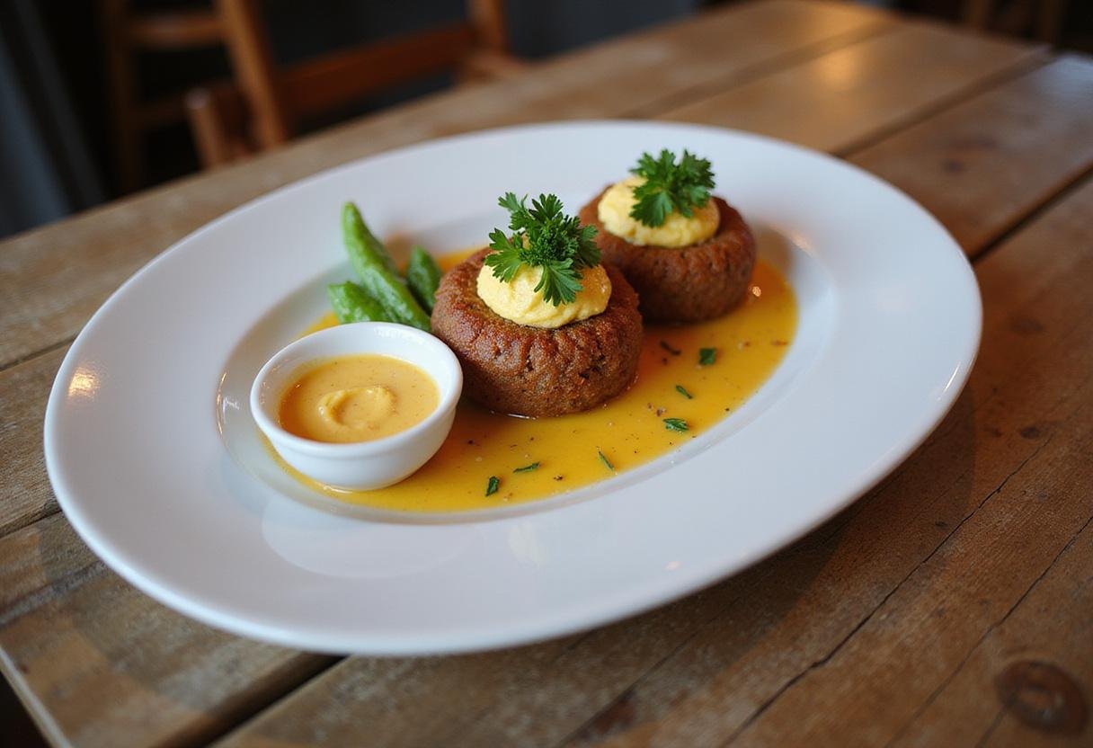Final presentation of The Crown Scotch Eggs served with dipping sauce and garnished, ideal for a delicious meal.