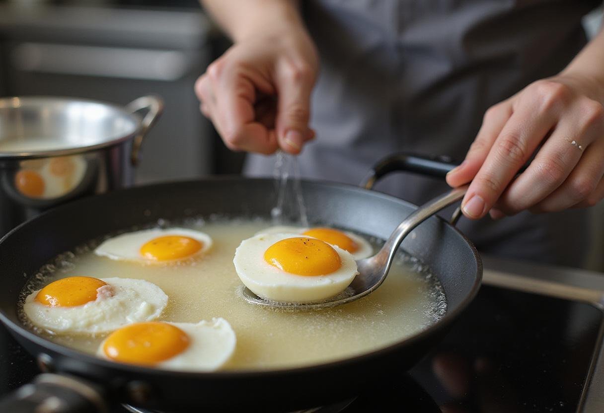 Preparing soft-boiled eggs for The Crown Scotch Eggs recipe in a kitchen with boiling water and utensils.