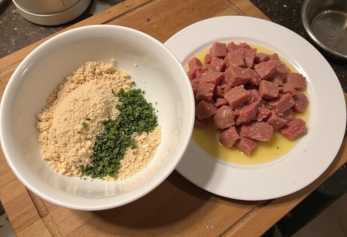 Mixing breadcrumbs and herbs for the outer coating of The Crown Scotch Eggs on a wooden board in a cozy kitchen environment.