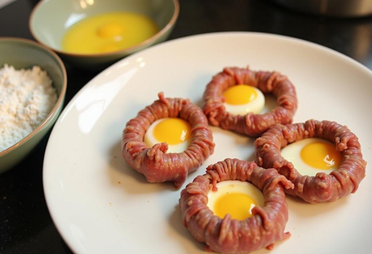 Preparing sausage-wrapped soft-boiled eggs on a kitchen countertop for frying in The Crown Scotch Eggs recipe, with flour and egg mixture present.