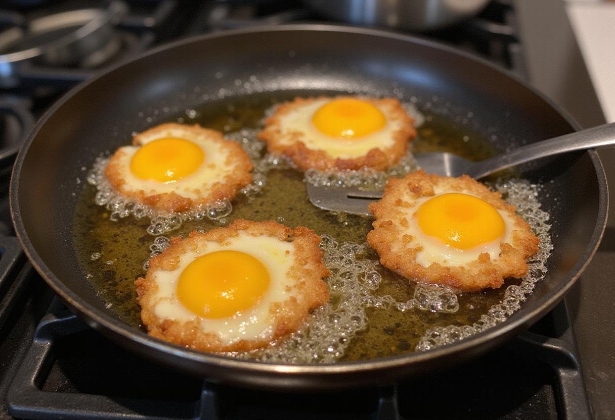 Frying Scotch eggs to a perfect golden-brown for The Crown Scotch Eggs recipe in a well-lit kitchen.