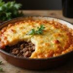 Perfectly baked Crown Shepherd’s Pie, golden and bubbling, presented beautifully in a rustic dish, ideal for a comforting meal.