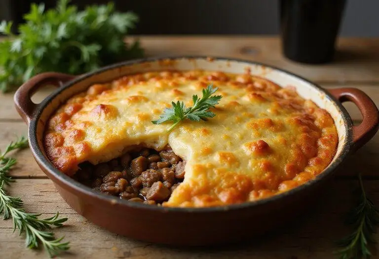Perfectly baked Crown Shepherd’s Pie, golden and bubbling, presented beautifully in a rustic dish, ideal for a comforting meal.