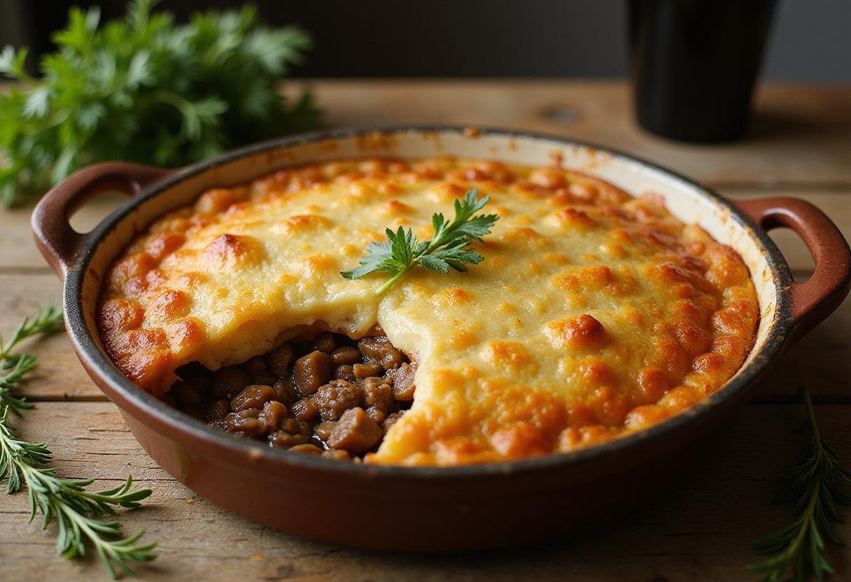 Perfectly baked Crown Shepherd’s Pie, golden and bubbling, presented beautifully in a rustic dish, ideal for a comforting meal.