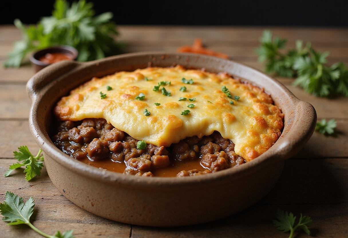 Perfectly baked Crown Shepherd’s Pie, golden and bubbling, presented beautifully in a rustic dish, ideal for a comforting meal.
