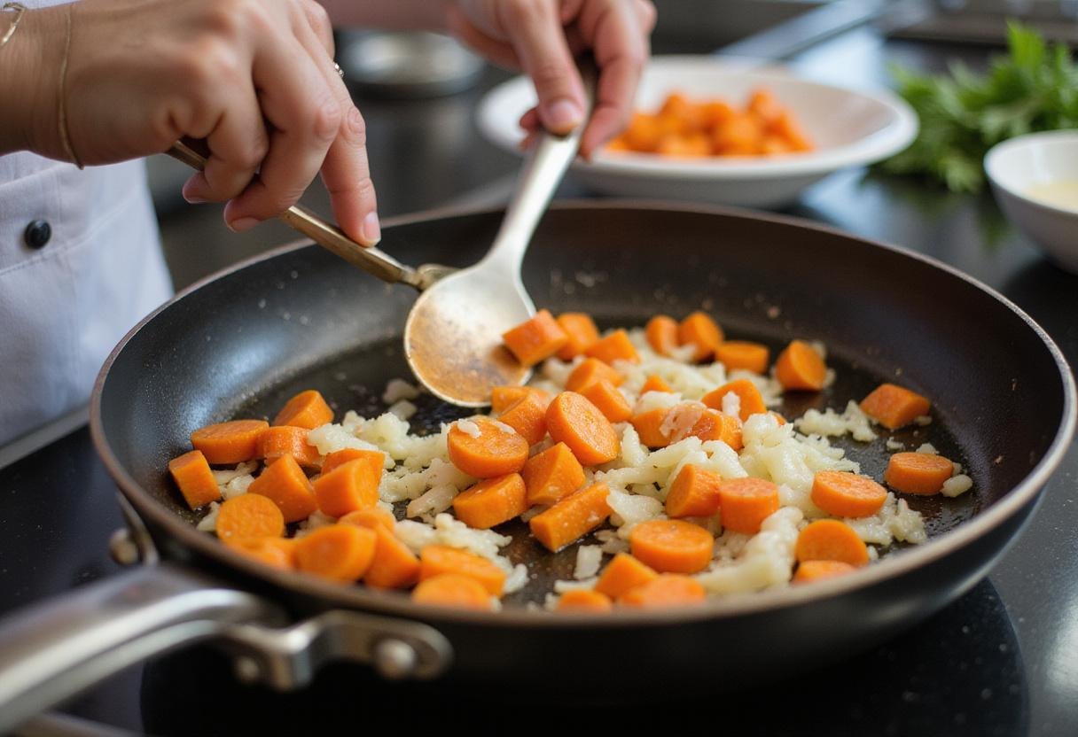 Sautéing aromatic vegetables for Crown Shepherd’s Pie, featuring bright onions and carrots in a warm kitchen.