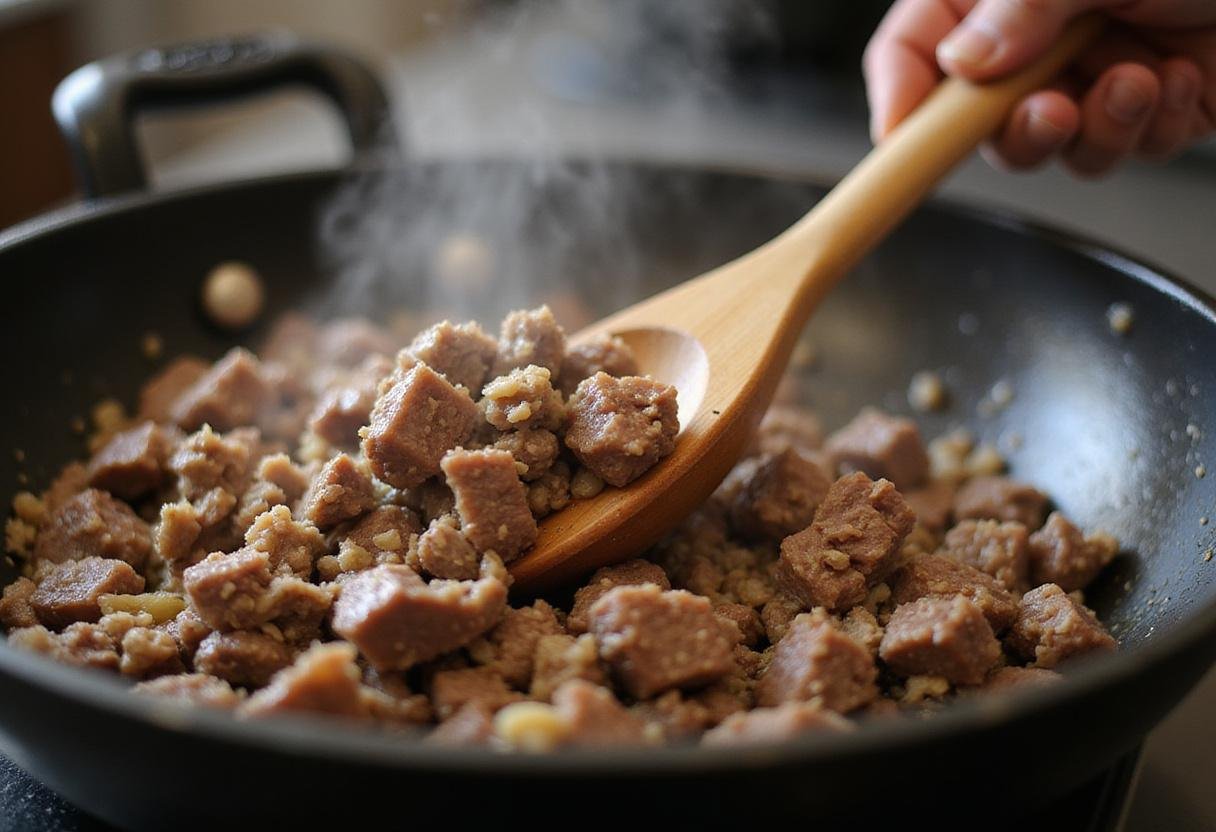 Browning ground lamb for Crown Shepherd’s Pie, creating a savory filling in a bustling kitchen.