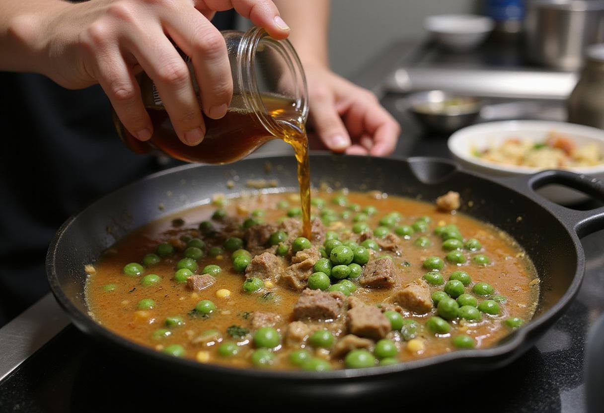 Creating a savory filling for Crown Shepherd’s Pie with rich beef broth, peas, and fresh herbs in a lively kitchen.