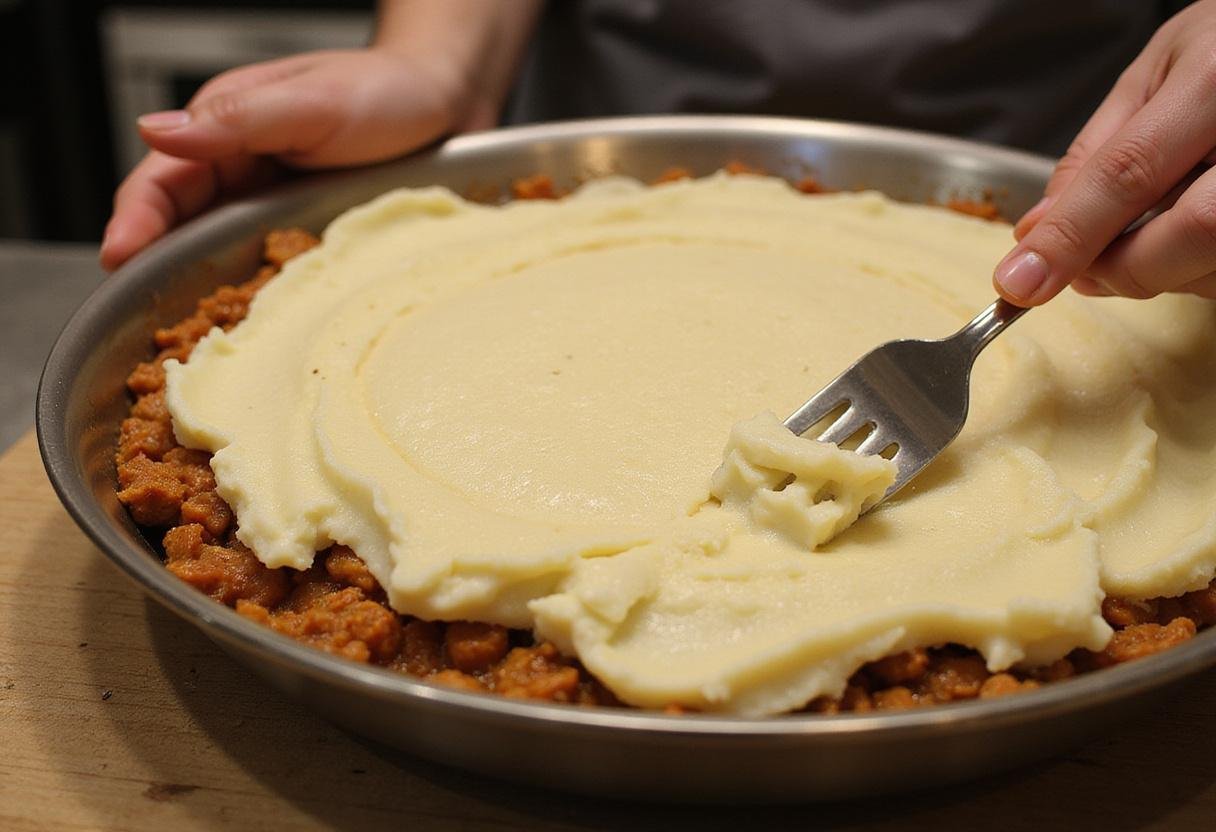 Assembling Crown Shepherd’s Pie with a hearty filling and a textured potato topping in a cozy kitchen.