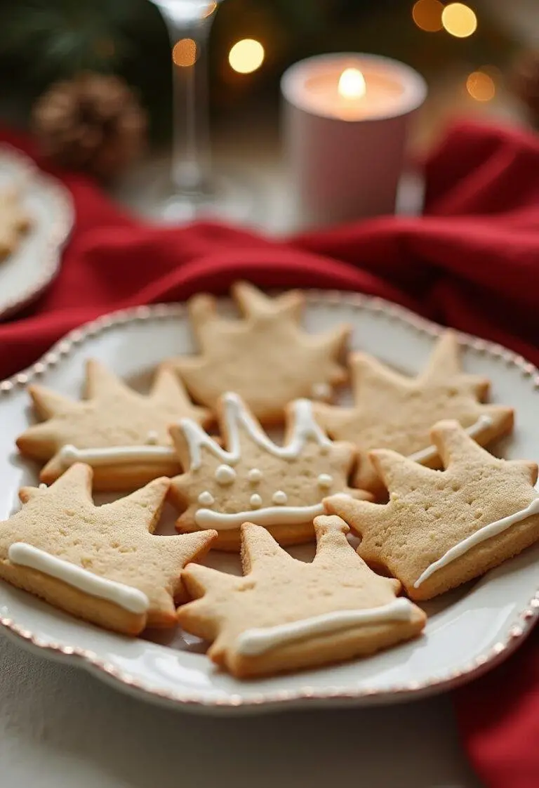 Completed Crown Shortbread Cookies adorned with icing and glitter, perfect for celebrations.