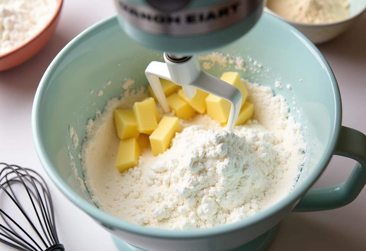 Mixing softened butter and powdered sugar for The Crown Shortbread Cookies dough preparation.