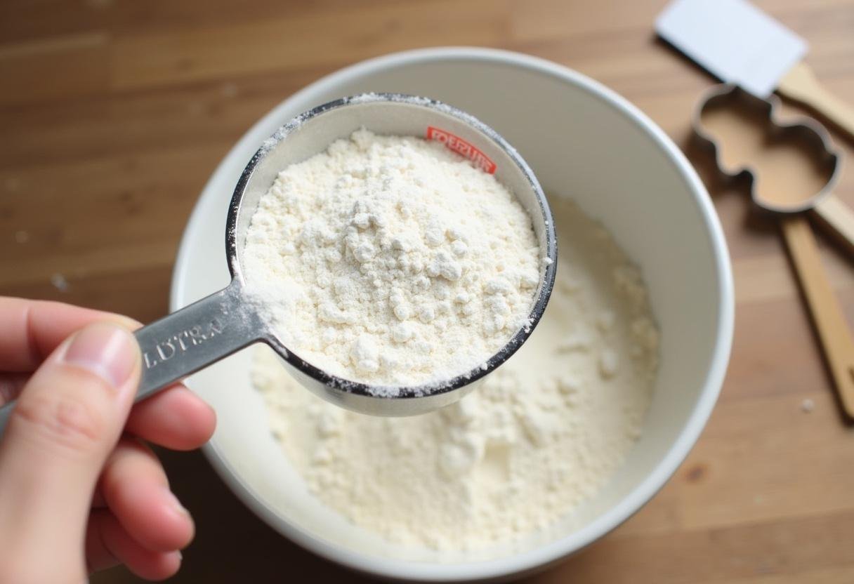 Adding all-purpose flour to the shortbread cookie dough mixture for Crown Shortbread Cookies.