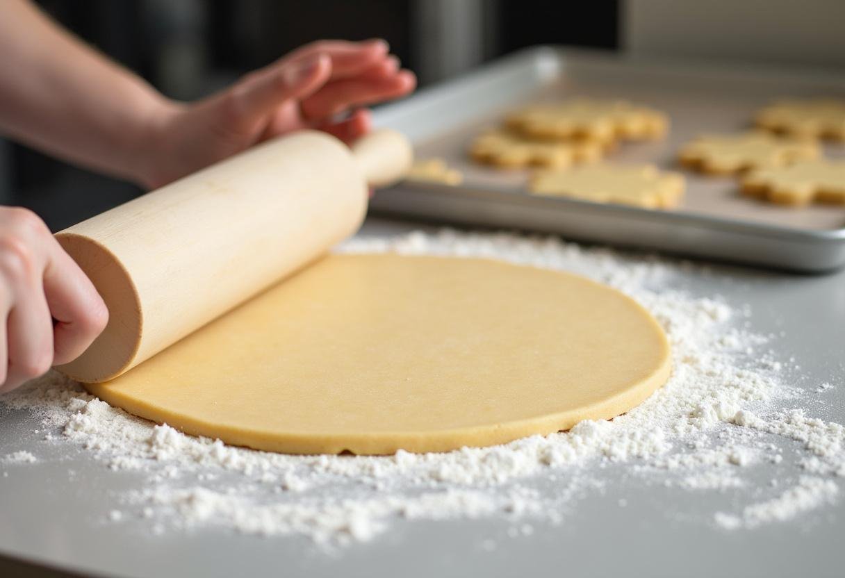 Rolling and cutting shortbread cookie dough into shapes for baking Crown Shortbread Cookies.
