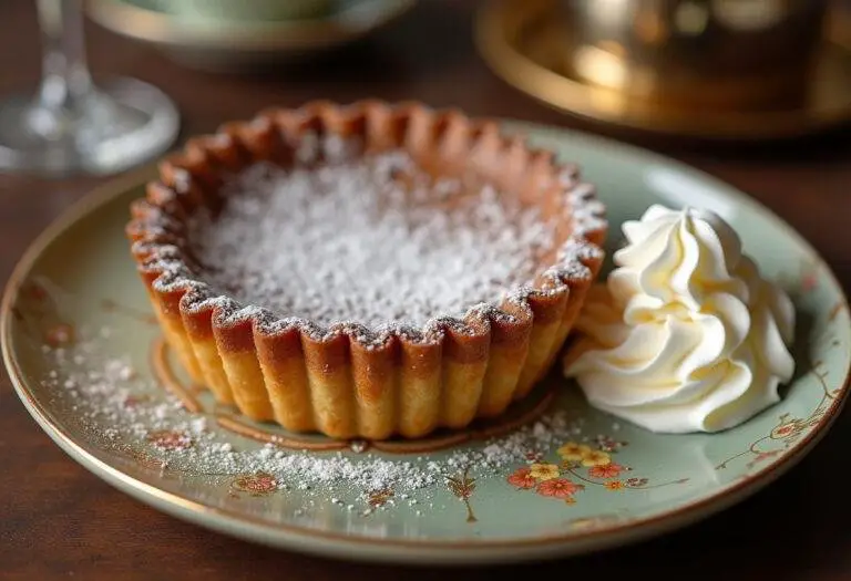 The final result of The Crown Treacle Tart displayed on a plate with powdered sugar and whipped cream.