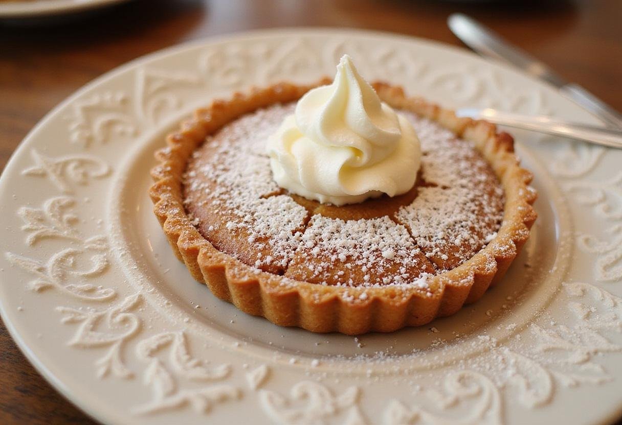 The final result of The Crown Treacle Tart displayed on a plate with powdered sugar and whipped cream.