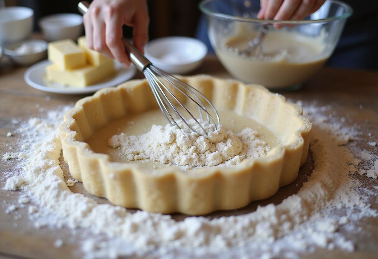 Preparing ingredients for The Crown Treacle Tart with flour, sugar, and butter on a kitchen counter.