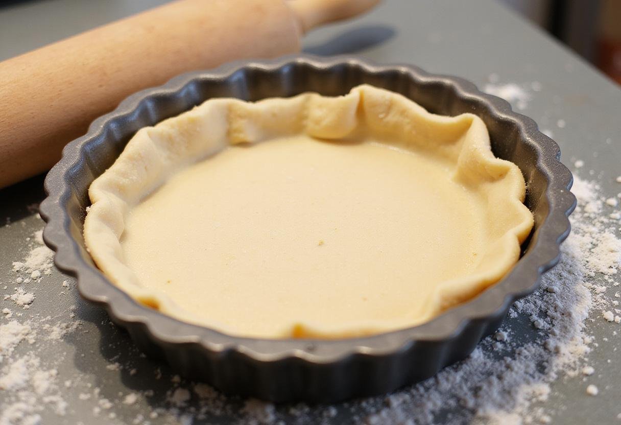 Shaping pastry dough for The Crown Treacle Tart in a tart pan, showcasing a rolling pin and flour.