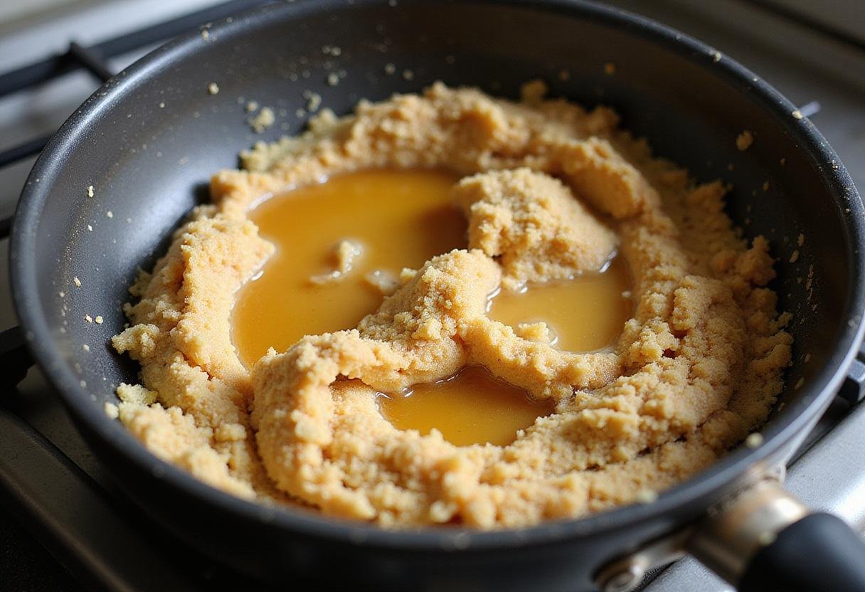 Making the filling for The Crown Treacle Tart in a saucepan with golden syrup and lemon juice on the stove.