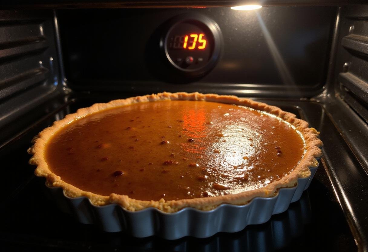 Baking The Crown Treacle Tart in the oven, showcasing its golden-brown color and bubbling filling.