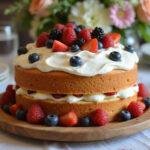 Presenting a stunning Crown Victoria Sponge Cake with fresh fruits, showcasing elegance and deliciousness in a beautifully arranged setup.