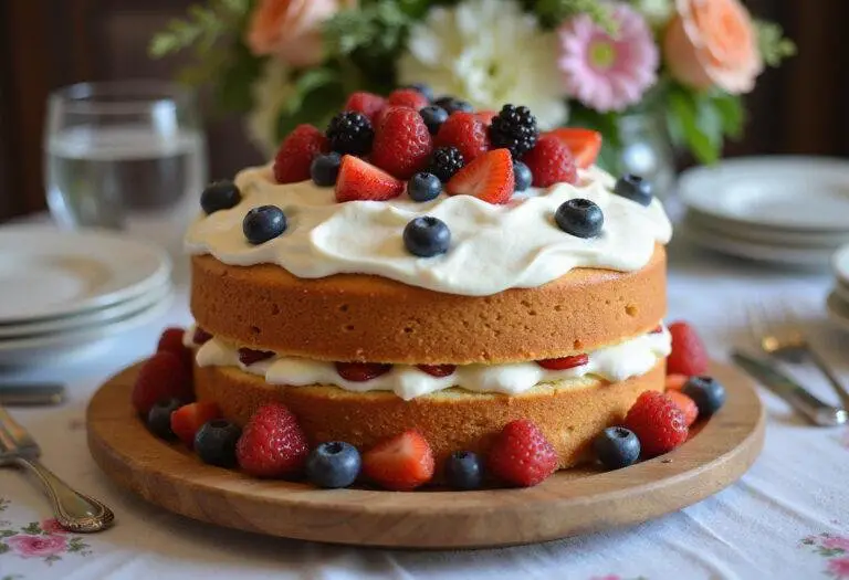 Presenting a stunning Crown Victoria Sponge Cake with fresh fruits, showcasing elegance and deliciousness in a beautifully arranged setup.