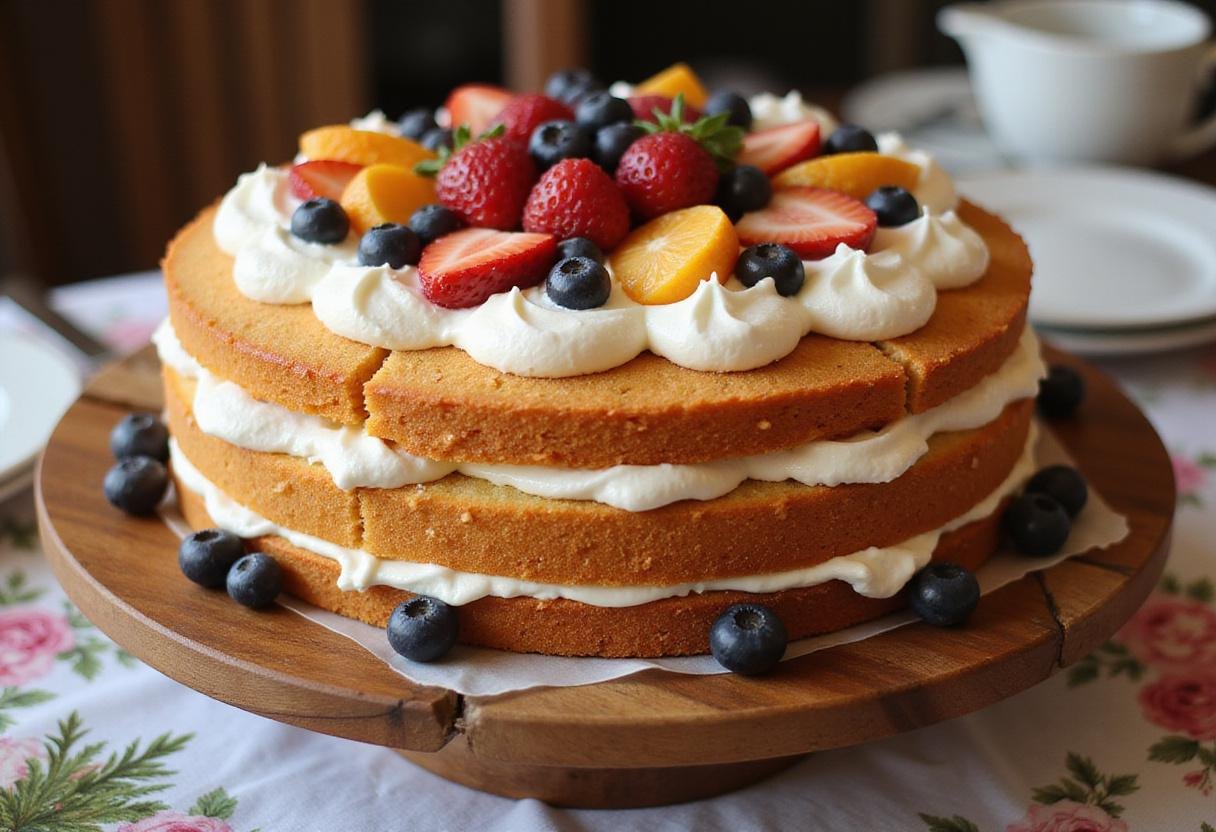 Presenting a stunning Crown Victoria Sponge Cake with fresh fruits, showcasing elegance and deliciousness in a beautifully arranged setup.