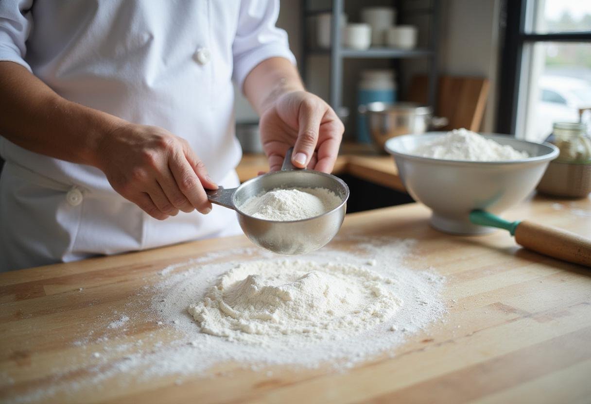 Measuring flour and sugar for Crown Victoria Sponge Cake preparation in a sunny kitchen, showcasing essential baking ingredients.