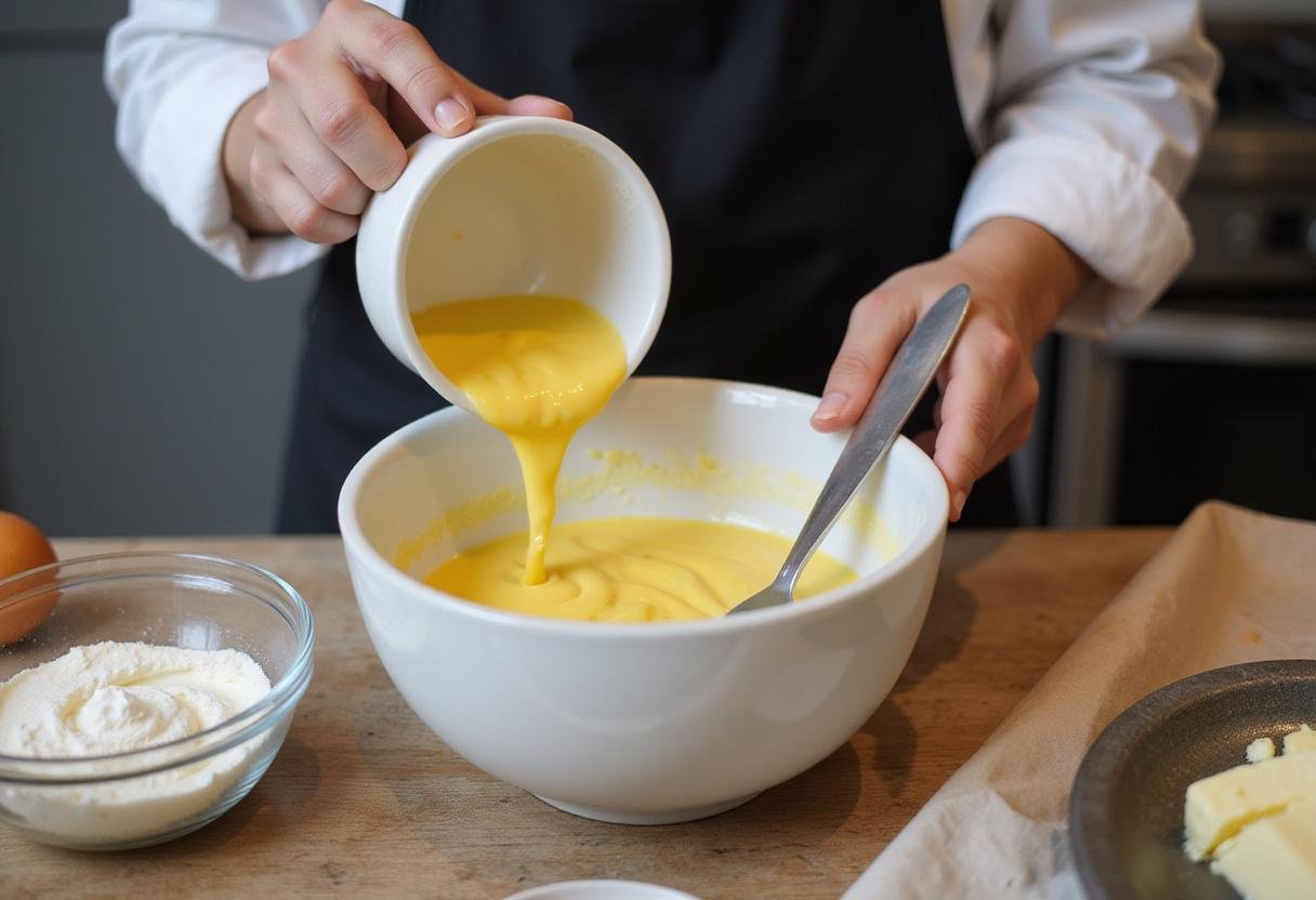 Mixing eggs and butter for Crown Victoria Sponge Cake batter, highlighting the blending of ingredients in a vibrant kitchen setting.