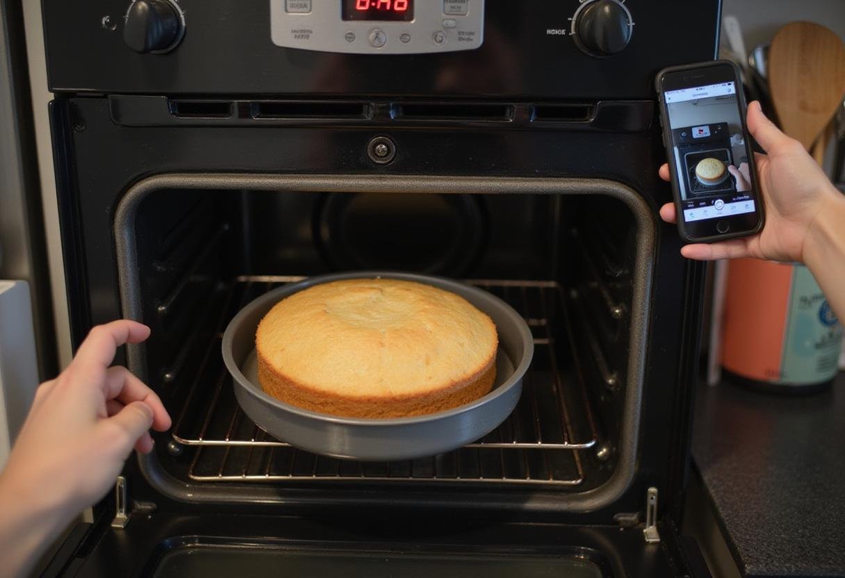 Removing a beautifully golden sponge cake from the oven, representing the completion of the baking process for Crown Victoria Sponge Cake.