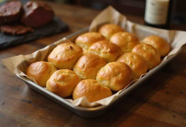 Serving a tray of perfectly risen golden Yorkshire puddings, a classic addition to any British roast dinner.
