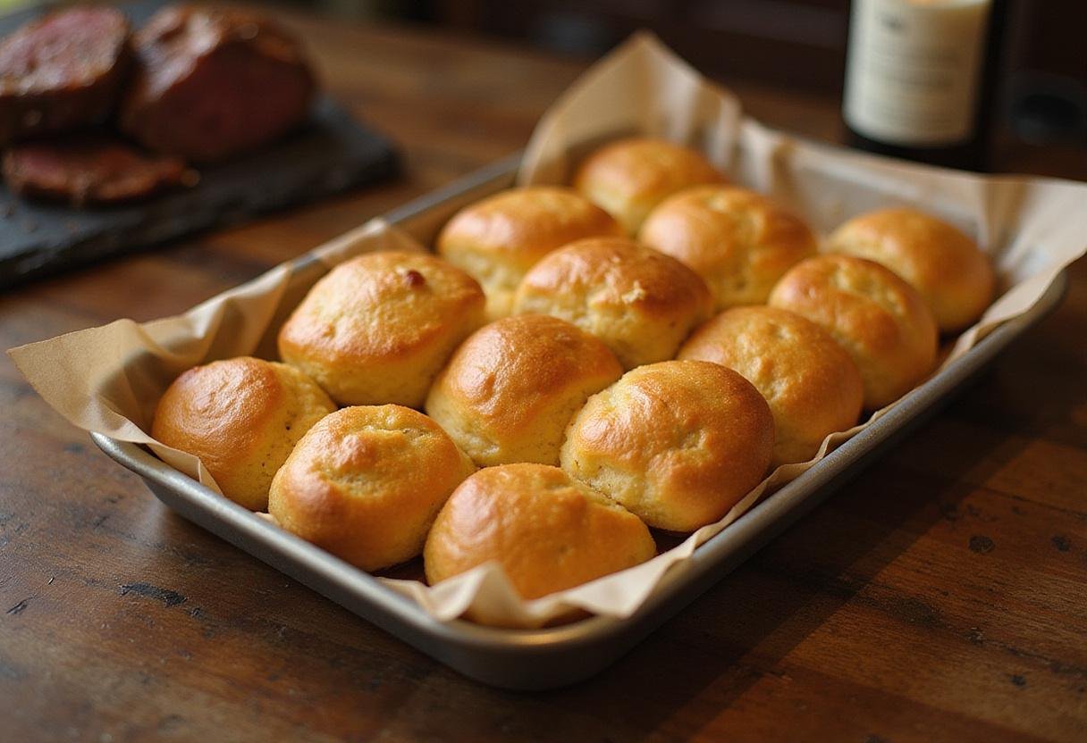 Serving a tray of perfectly risen golden Yorkshire puddings, a classic addition to any British roast dinner.
