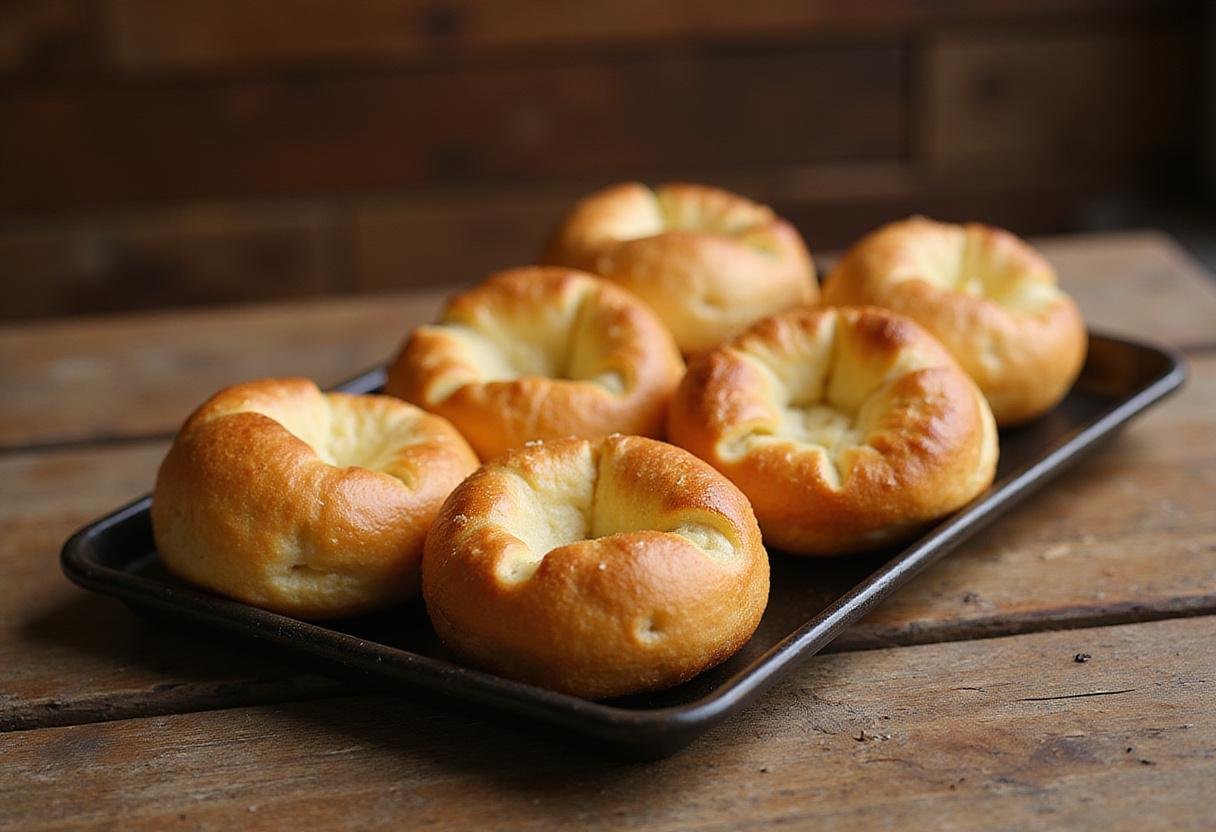 Serving a tray of perfectly risen golden Yorkshire puddings, a classic addition to any British roast dinner.