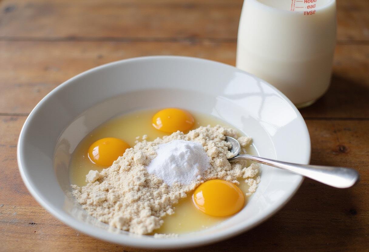 Making Yorkshire pudding batter with flour, eggs, and milk in a bowl on a rustic wooden countertop.
