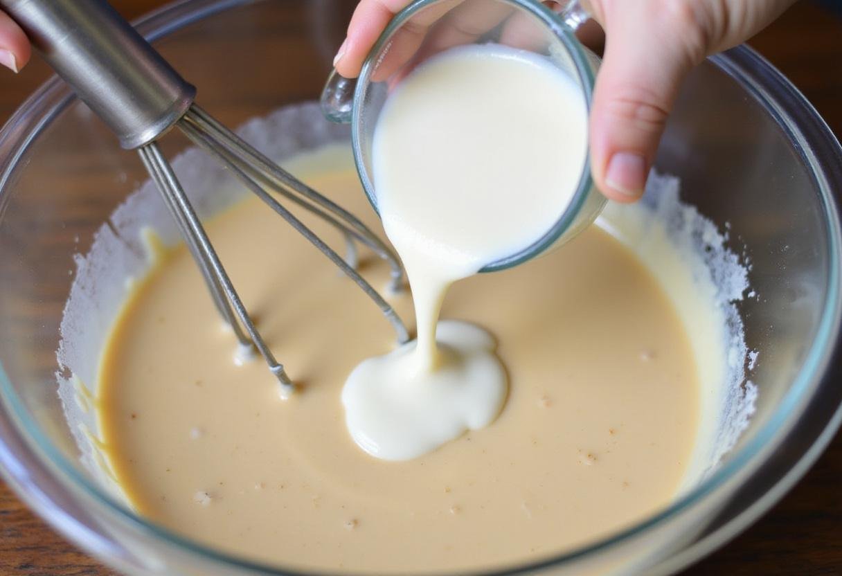 Pouring milk into Yorkshire pudding batter, achieving a smooth mixture essential for perfect texture.