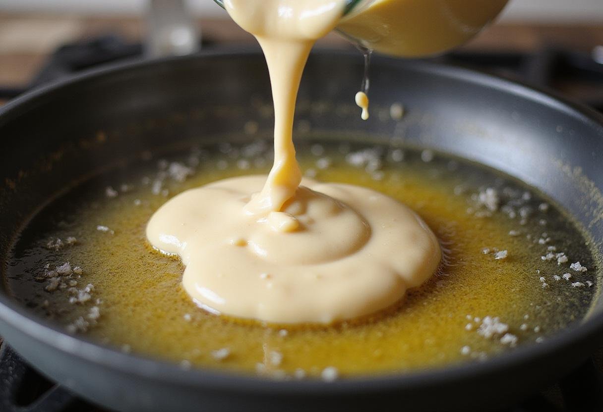 Pouring Yorkshire pudding batter into hot oil, crucial for making puffed and crispy puddings.