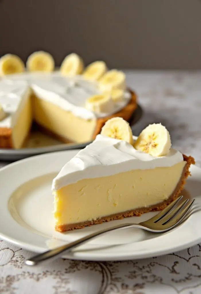 Finished slice of The Good Place Banana Cream Pie, featuring creamy layers and bananas, perfect for dessert.