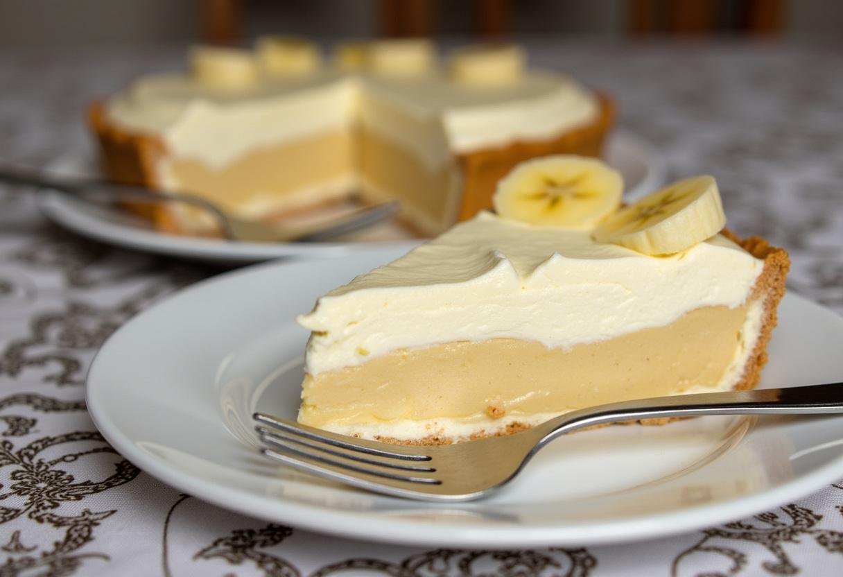 Finished slice of The Good Place Banana Cream Pie, featuring creamy layers and bananas, perfect for dessert.