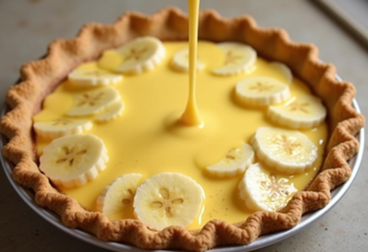 Sliced bananas being layered with custard in The Good Place Banana Cream Pie.