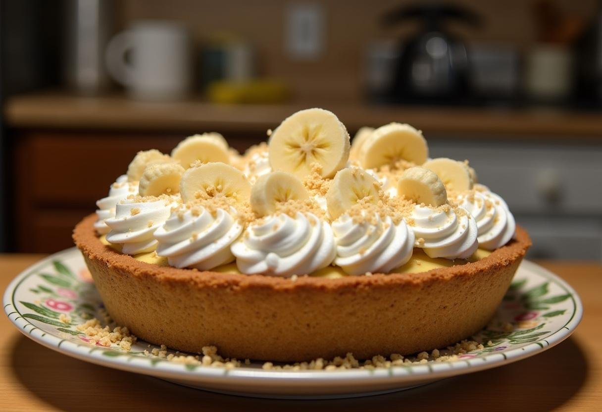 Pie topped with whipped cream and garnished, ready for serving as The Good Place Banana Cream Pie.