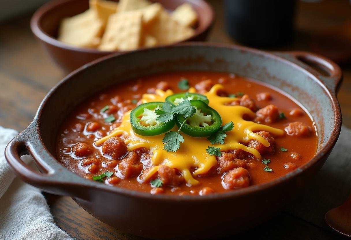 Final presentation of The Good Place Chili and Cheese, a mouthwatering dish full of rich flavors and perfect for sharing.
